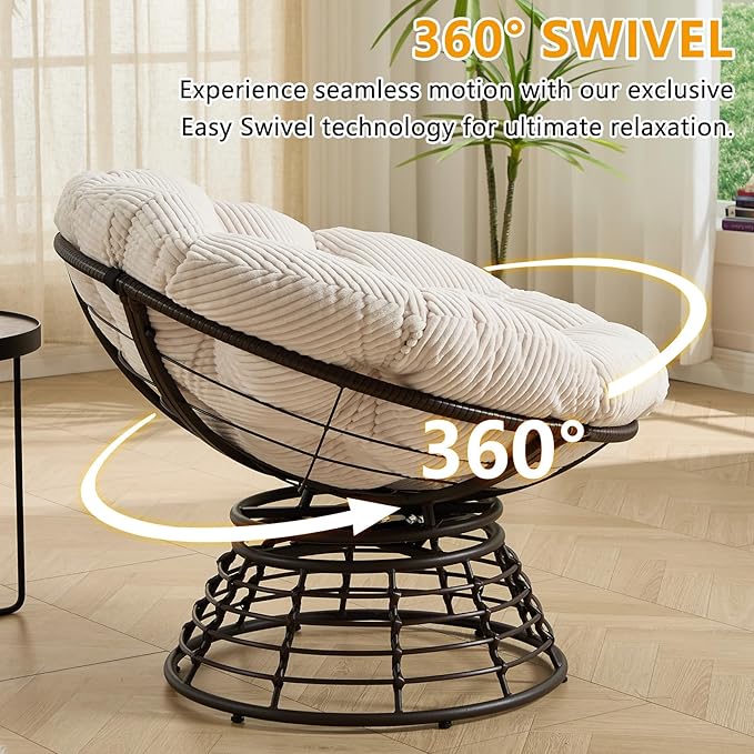 36” Papasan Chair with Cushion and Frame Oversized Papasan Chairs 360° Swivel Olefin Adjustable Feet Suitable for Living Room Patio Bedroom Indoor/Outdoor (White)