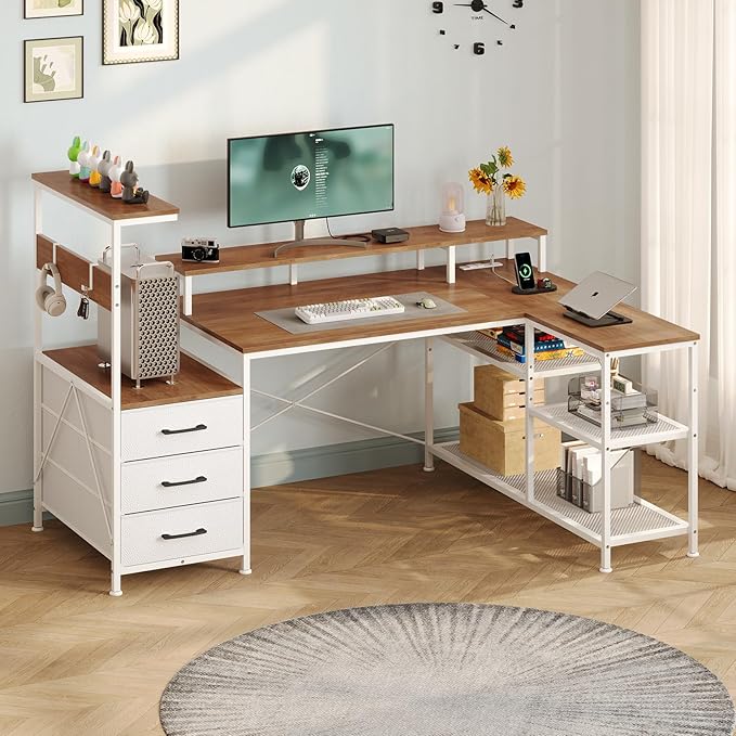 L Shaped Gaming Desk with Drawers &amp Storage Shelves Corner Gaming Desk with Power Outlets &amp LED Light Reversible Computer Desk with Monitor Stand &amp Hooks Brown and White
