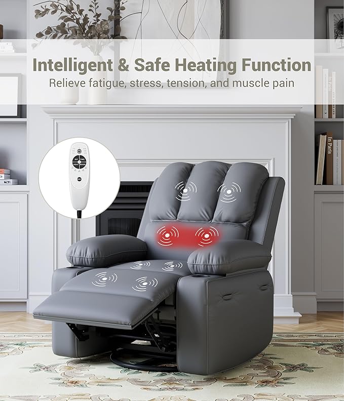 Oversized Recliner Extra Wide 27 Leather Recliner Chair Manual Recliner Chair for Living Room Large Rocking Recliner with Cup Holders and Padded Arms Gray