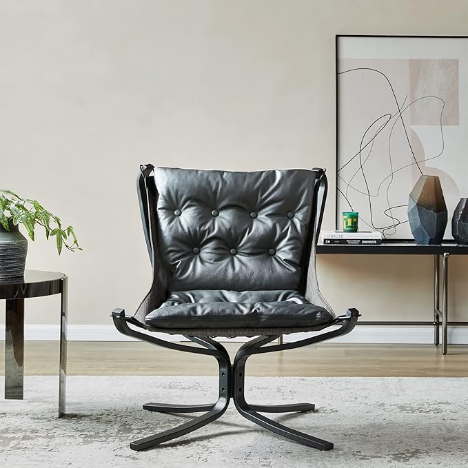 Living Room Chair Genuine Leather Butterfly Chair Handmade Iron Frame Reading Chair Modern Accent Chair for Study Room Reading Bedroom Living Room Office Black