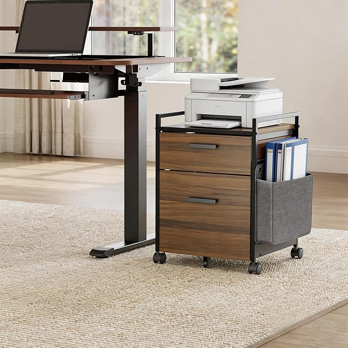 EUREKA ERGONOMIC 2-Drawer Mobile File Cabinet with Wheels Solid Wood Rolling Storage Cabinet for Home Office Space-Saving Under Desk Organization with Printer Stand Walnut
