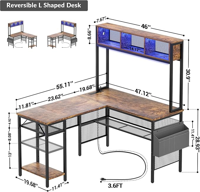 Aheaplus L Shaped Gaming Desk with LED Lights &amp Power Outlets 55 Inch L-Shaped Computer Desk with Storage Shelf &amp Monitor Stand Corner Desks 2 Person Reversible Desk Home Office Desk Rustic