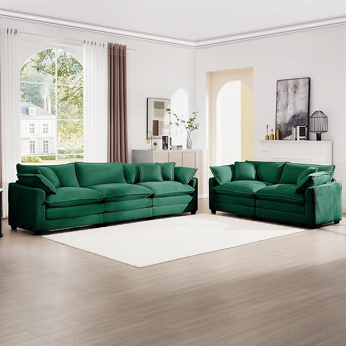 mikibama Luxury 2 Piece Sofa Set 3-Seater &amp Loveseat Couch Set Modern Corduroy Comfy Cloud Couches Set for Living Room Office with 4 Armrest Pillows and 5 Toss Pillows Green
