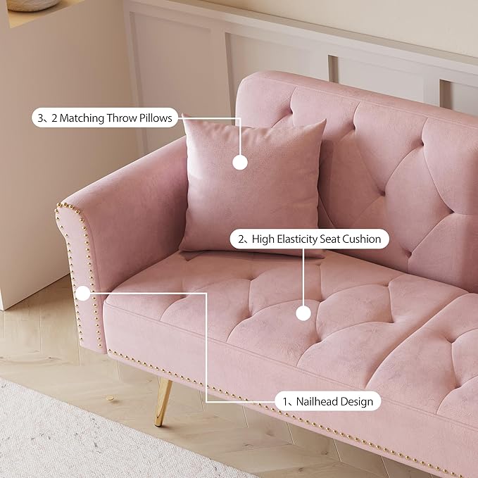 69.7'' Convertible Velvet Sleeper Sofa Bed Upholstered Futon Couch with Nail Head Trim and 2 Matching Throw Pillow for Living Room Bedroom Home Office (Pink)