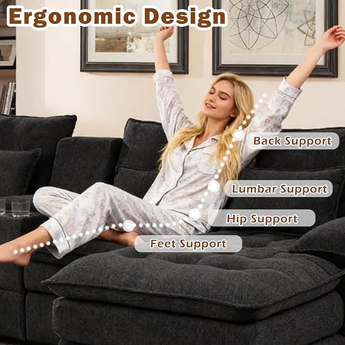130 U-Shaped Modular Sectional Sofa Oversized Cloud Couches with Storage Console &amp Cup Holders Linen Sofa with Chaise/Pillows 6-Seater Deep Seat Couches for Living Room (Black) | Breathable ma