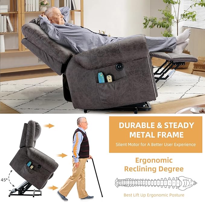 Electric Power Lift Recliner Chairs with Massage and Heat for Elderly Overstuffed Wide Ergonomic Lounge Chair Classic Single Sofa for Living Room with 2 Remote Control/USB Ports(Grey)