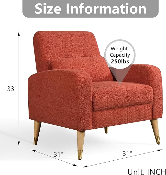 Dolonm Mid-Century Modern Accent Chair Upholstered Armchair Living Room Chair Comfy Single Sofa Chair with Sturdy Legs for Living Room Bedroom Red