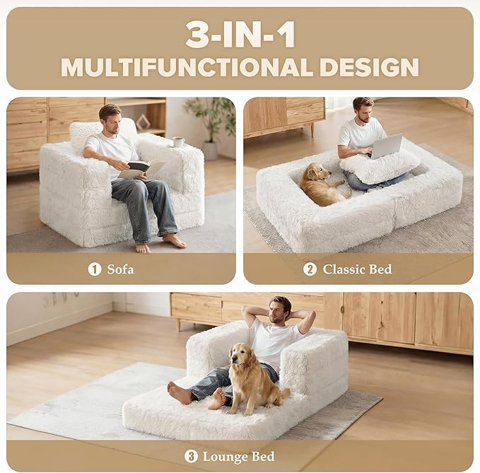 HABUTWAY Convertible Sofa Bed 3-in-1 Futon Sofa Bed with Pillow Foldable Pull Out Floor Sofa Bed with Removable Cover Plush Boneless Couch for Living Room/Bedroom/Dorm(TwinWhite)