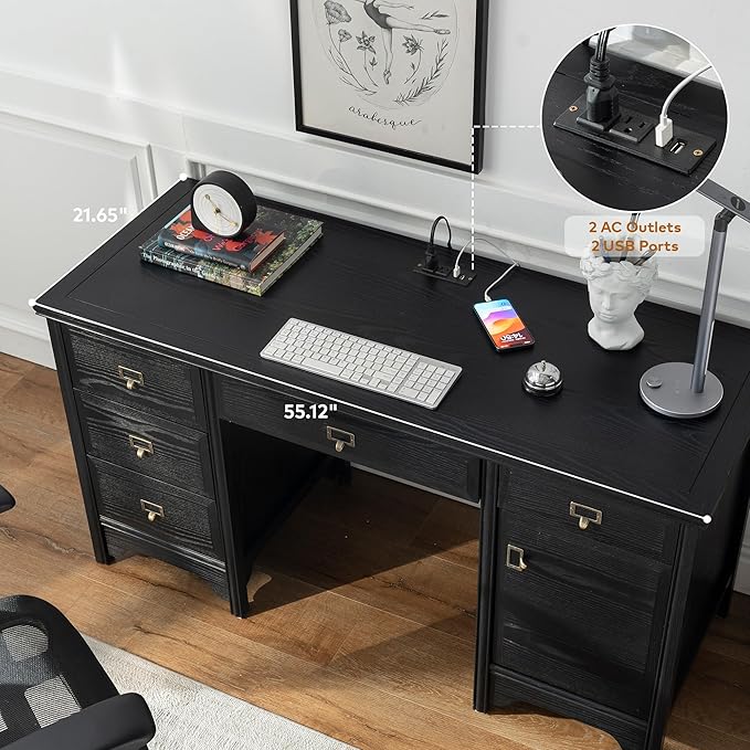Chogori 55 Solid Wood Executive Desk Farmhouse Office Computer Desk with 5 Drawers &amp Storage Cabinet Wooden Writing Table for Home Office Study Bedroom (Black)