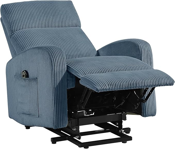 Lexicon Power Lift Recliner Chair for Elderly with Remote Control Gentle Lift Motion Side Pocket Armrest Corduroy Upholstered Electric Recliner for Living Room/Bedroom Easy Assembly Midnight Blue