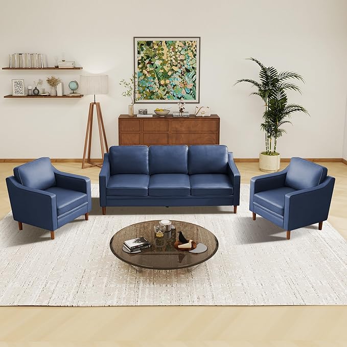 Kingfun Living Room Furniture Sets 3 Seater Couch and Loveseat Mid Century Modern Sofa Set Faux Leather Couch with Solid Wood Frame for Living Room &amp Bedroom Blue