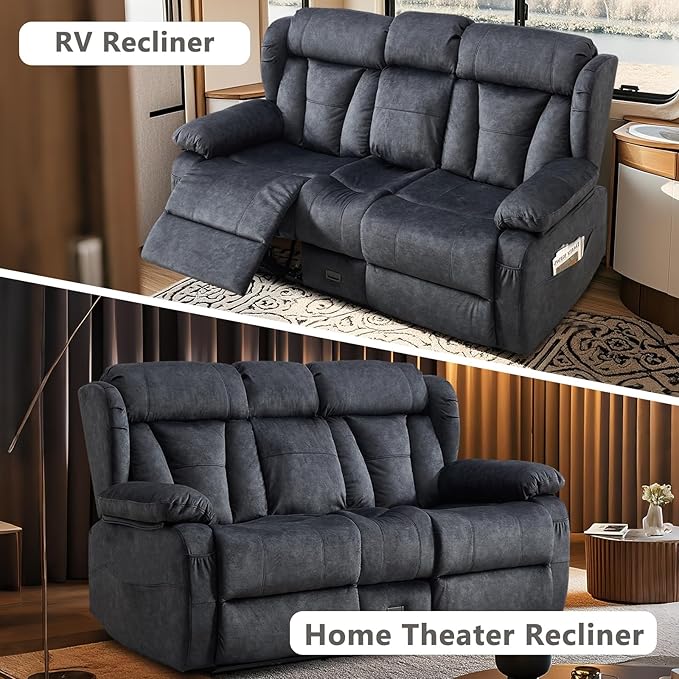 Loveseat Recliner Sofa Velvet Loveseat Reclining with Console for Living Room RV Recliner Couch with Cup Holder/AC/USB C/USB and Drawer Manual Reclining Love seat Couch (Gray)