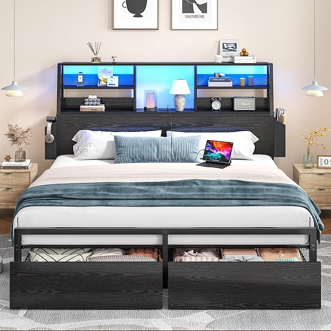 Full Size Bed Frame with Storage Full Bed Frame with LED Light and Charging StationBed Frame Full with Headboard for ApartmentGuest RoomBlack