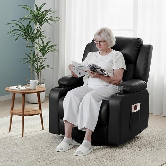 FLEXISPOT XL31 Power Lift Recliner Chair for Elderly Electric Lift Chair with Massage &amp Heat PU Leather Reclining Sofa w/Cup Holders Side Pockets for Living Room Bedroom(Medium SizeBlack)