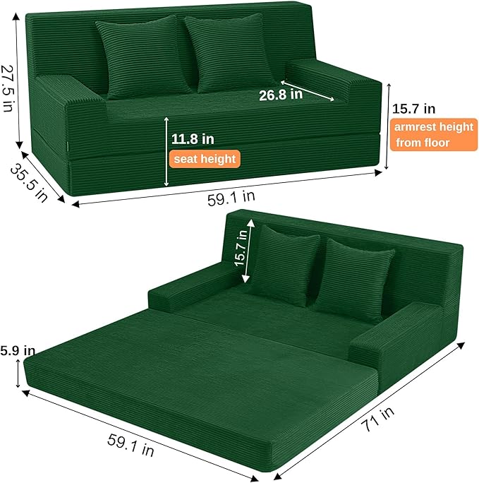 MeMoreCool Corduroy Loveseat Sleeper Sofa – Green Boneless Fold-Out Couch Bed with Foam Core Convertible Floor Futon with Pillow &amp Washable Cover for Small Spaces Bedroom Guest Room