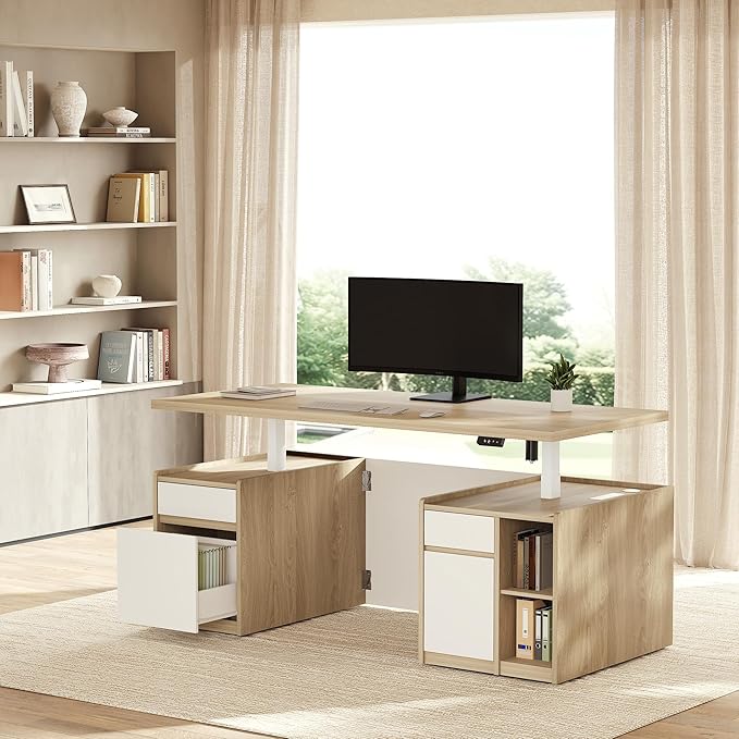 Executive Standing Desk with Drawers &amp Storage 70.8'' Adjustable Electric Stand Up Wood Desk with Privacy Panel AC/USB File Cabinet Large One-Piece Desktop for Home Office Light Walnut