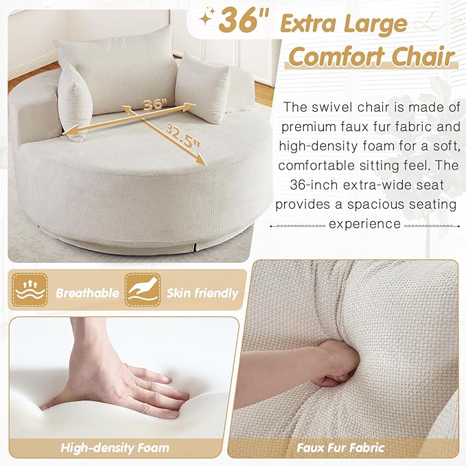 55 W Oversized Round Swivel Accent Barrel Chair360 Degree Chenille Upholstered Comfy Chaise Lounge Chair IndoorModern Deep Seat Single Sofa Armchair for Living RoomApartmentOffice(GridBeige)