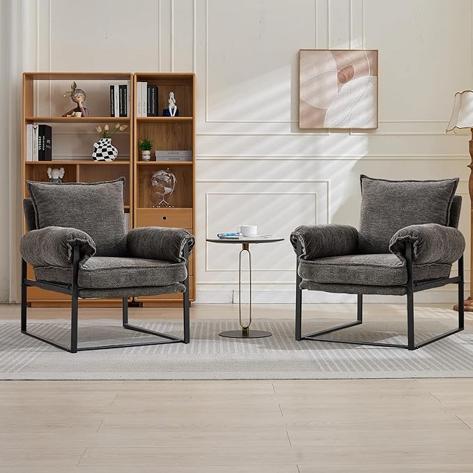 YISHENG Accent Chair with 6-Angle Adjustable Backrest(90°–180°) Chenille Fabric Living Room Chair Upholstered Lounge Chair Modern Cozy Reclining Chair for Reading Reception RoomBalcony 2PC Gray