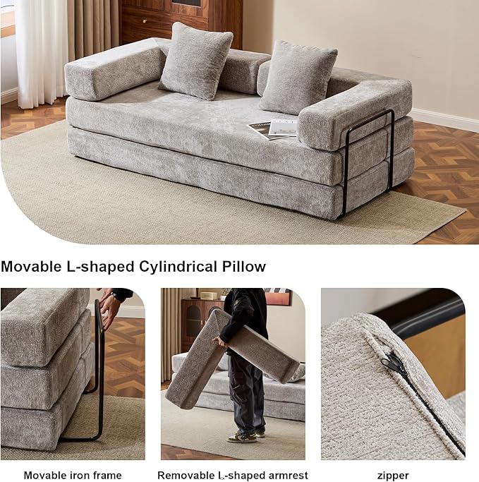 Folding Convertible Sofa Bed 4-in-1 Boneless Couch Sleeper Sofa 76.8'' Chenille Foldable Mattress Couch with Fixed-Shape Frame Floor Sofas Modular Futon Couches for Living Room Light Grey