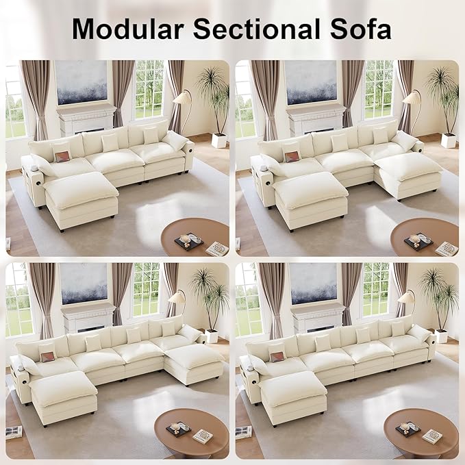 116 Modular Sectional Sofa L Shaped Cloud Couch with Movable Ottoman Chenille Deep Seat Cloud Sofa with Charging Station Cup Holder Side Pocket Sectional Couches for Living Room Beige