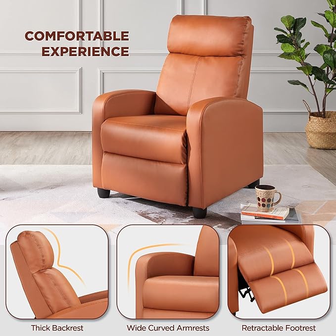 Yaheetech Home Theater Seating Faux Leather Recliner Chair Modern Single Living Room Reclining Sofa with Pocket Spring Tan