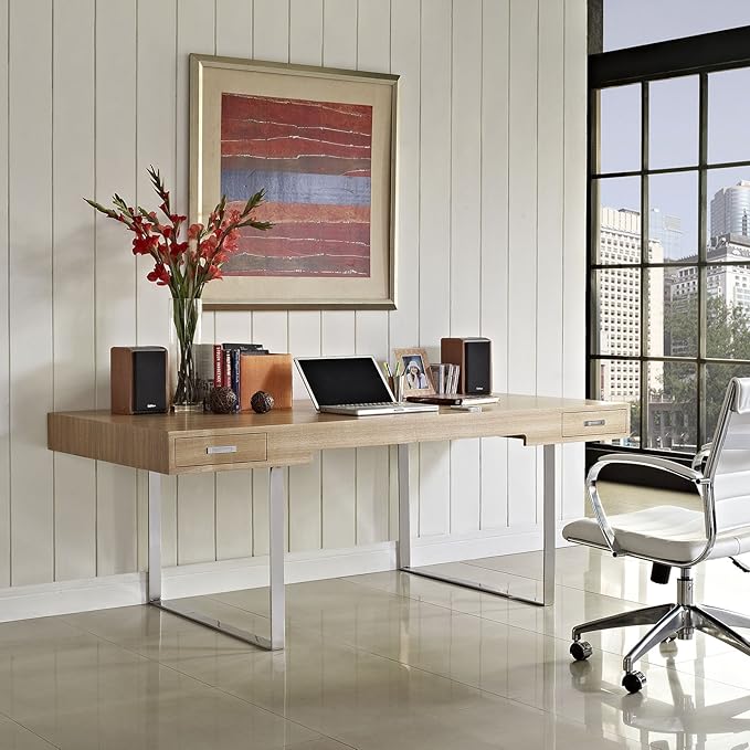 Modway Tinker Contemporary Modern Wood and Stainless Steel Office Desk With Two Drawers in Natural