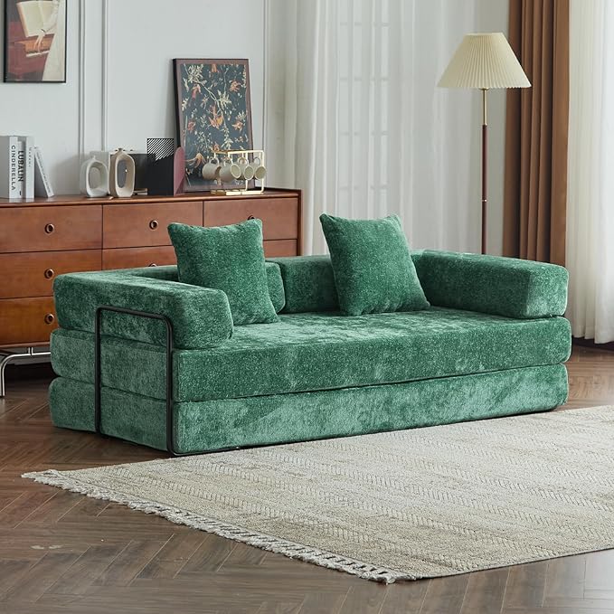 Folding Sofa Bed Modular Sectional Cloud Couch Convertible Sleeper Sofa Bed with Pillow Back Support Armrest for Living Room Bedroom Lounge No Assembly Required Chenille(Dark Green)