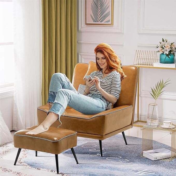 ALISH Modern Accent Chair with Ottoman Upholstered Chair and Ottoman Set Comfort Single Sofa Chair with Removeable Cushion for Living Room Bedroom (PU Brown)