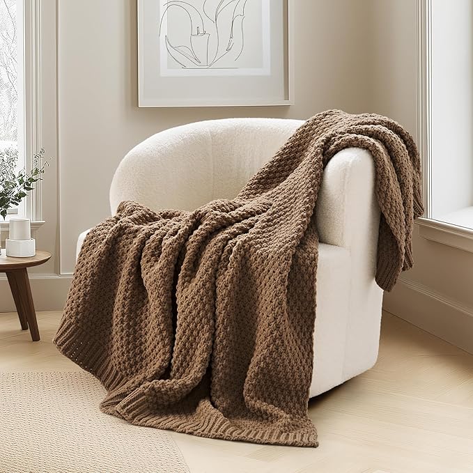 EVERGRACEHOME Chunky Chenille Knit Throw Blanket for Couch Soft Luxurious Moss Stitch Blankets for Bed Cozy Decorative Farmhouse Knitted Throws for Sofa Camel Brown 60 x 80
