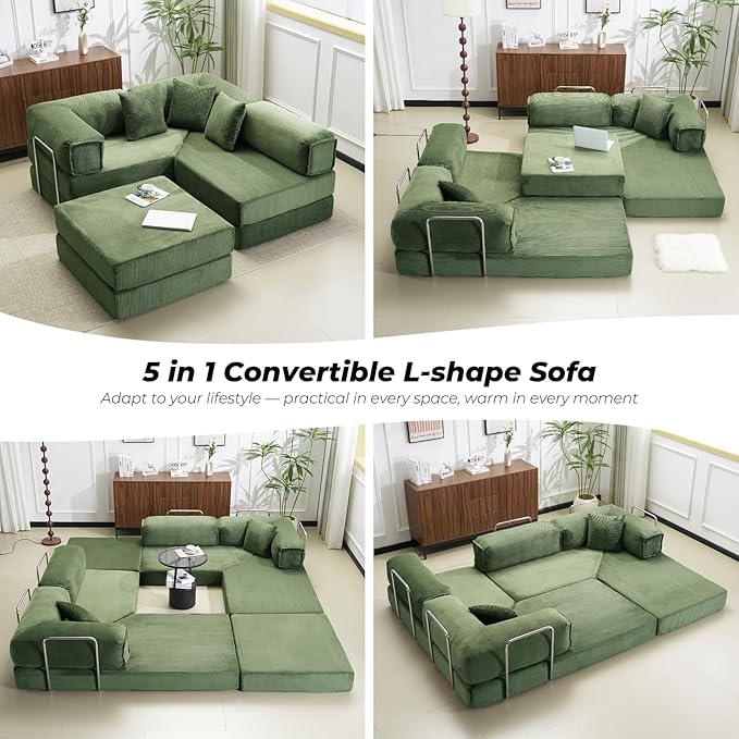 Furnimart 108 Convertible L-Shape Sofa with Cylindrical Pillow Comfy Foldable Compressed Sofa Bed Boneless Floor Sofa Lounge Couch for Living Room Bedroom No Assembly Required Green