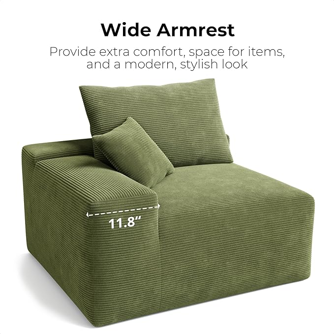 LIKIMIO 120 Modular Sectional Sofa Modern Boneless Cloud Couch Oversized 3-Seater Comfy Deep Seat L-Shaped with Chaise for Living Room No Assembly Required Corduroy Upholstery Green