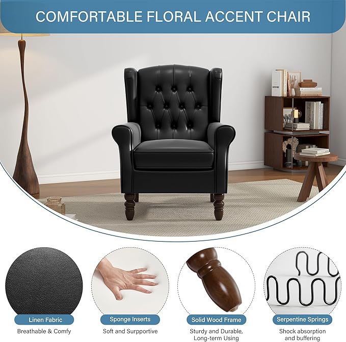 UIXE Faux Leather Accent Chairs Set of 2 High Back Upholstered Armchair for Living Room Wingback Chair Comfy Single Sofa Bedroom Reading Seat with Solid Wood Legs - Black