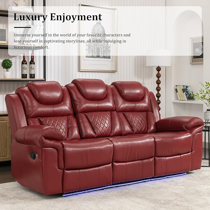 Leather Reclining Sofa SetHome Theater Seating with Center ConsoleFlipped Middle Backrestand LED Light Strip3 Seater for Living RoomOfficeHome TheaterRV (Red)