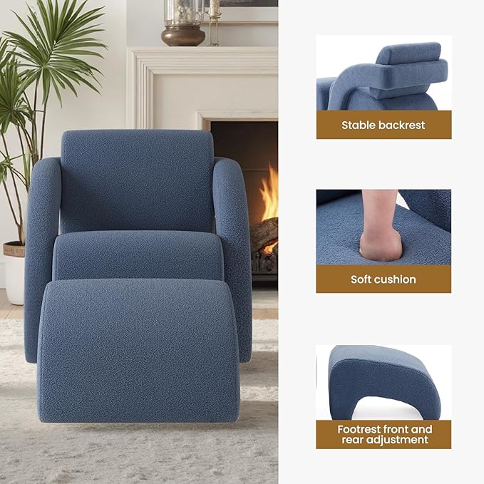 Soohow Upholstered Armchair with Ottoman – Plush Bouclé Fabric Curved Seat &amp Sled-Base Lounge Chair for Living Room Bedroom Study