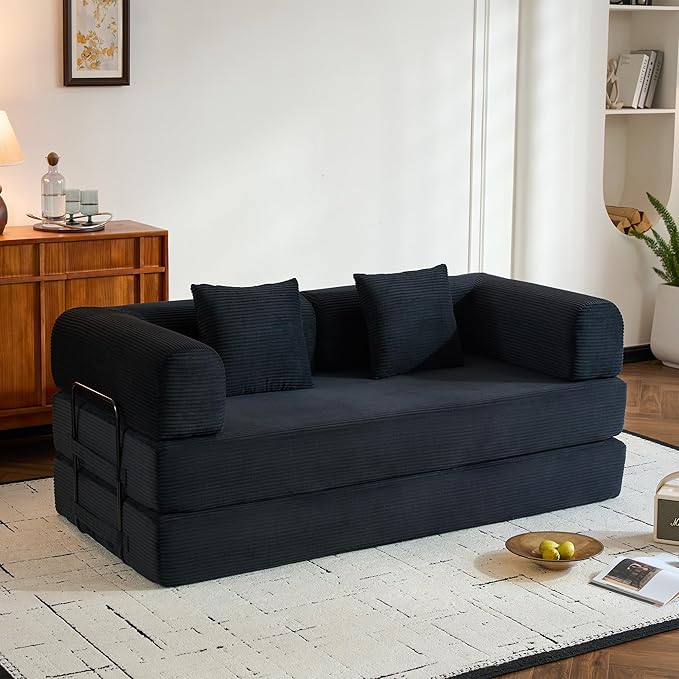 Convertible Sleeper Sofa Bed with Fixed-Shape Frame Corduroy Folding Boneless Couch with Cylindrical Pillow Comfy Floor Sofa Couch for Living Room No Assembly Required Black