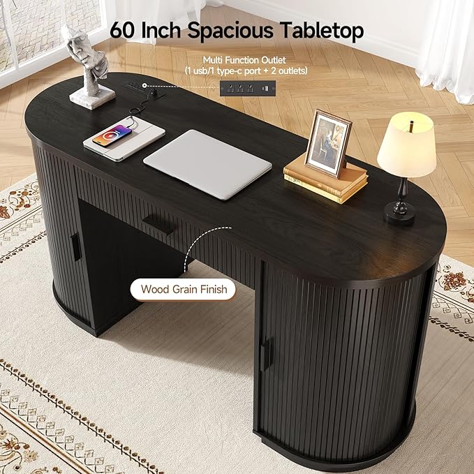 ONBRILL 58 Inch Fluted Executive Desk with Drawers Large Computer Desks with Storage Mid Century Modern Office Desk with Charging Station for Home Office Living Room Bedroom (Black)