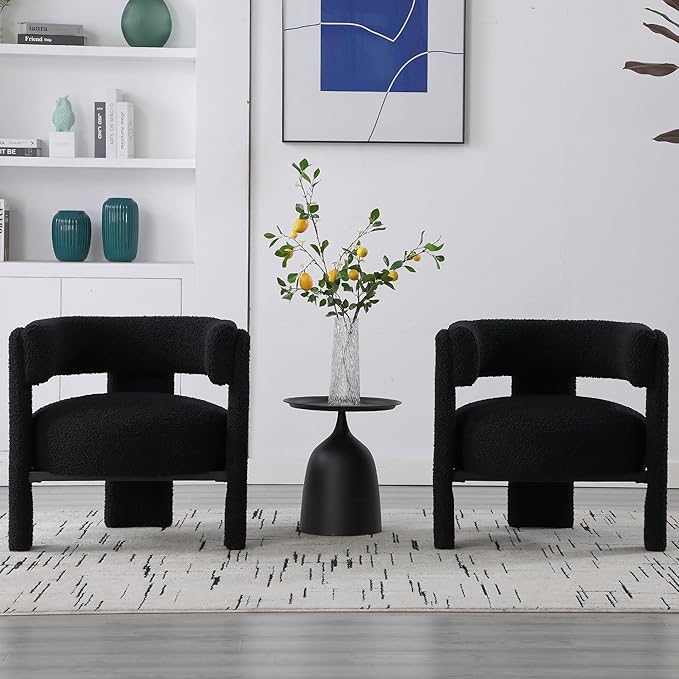 Wahson Modern Barrel Accent Chairs Set of 1 | Boucle Upholstered Armchair Single Sofa Chair Side Chair Reading Chair Living Room Chair | Three Legs Black Sherpa