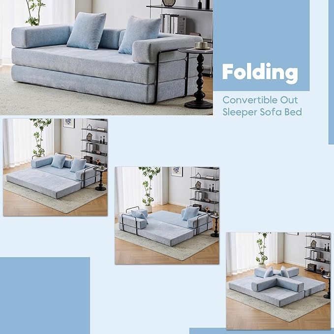 Convertible Sleeper Sofa Bed with Fixed-Shape Frame Floor Sofa Lounge Couch with Cylindrical Pillow Chenille Folding Mattress Couch for Living Room Bedroom-Light Blue