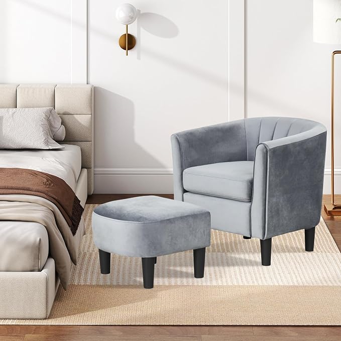 Giantex Modern Accent Chair with Ottoman Upholstered Teddy Velvet Barrel Club Chair w/Footrest Curved Backrest &amp Armrests Non-Slip Felt Pads Comfy Accent Arm Chair for Living Room Bedroom Gr