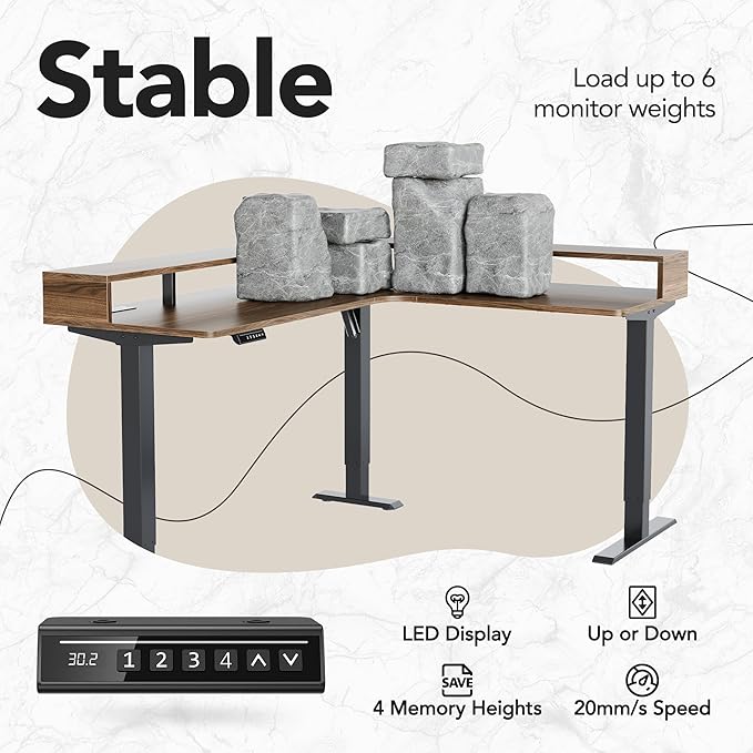 HUANUO Electric L Shaped Stadning Desk with LED Strip &amp Power Outrlets 63 x 55 2-Tier Height Adjustable Sit Stand up Desk with Power Strip Holder Ergonomic Corner Computer Table Walnut