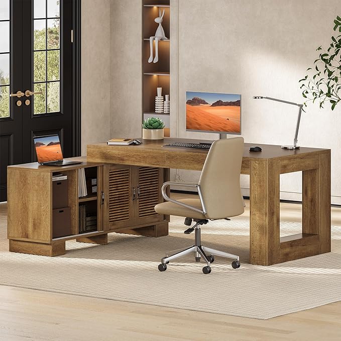 LITTLE TREE 63 L Shaped Executive Desk with Storage Farmhouse Home Office Desk with 2-Tier Cabinets and Shelves Large Wooden Computer Table Business Furniture Workstation Set Brown
