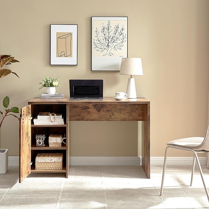 Home Office Desk Distressed Wood One Cabinet Three Shelves Faux Barn Door on Metal Euro Hinges Modesty Panel