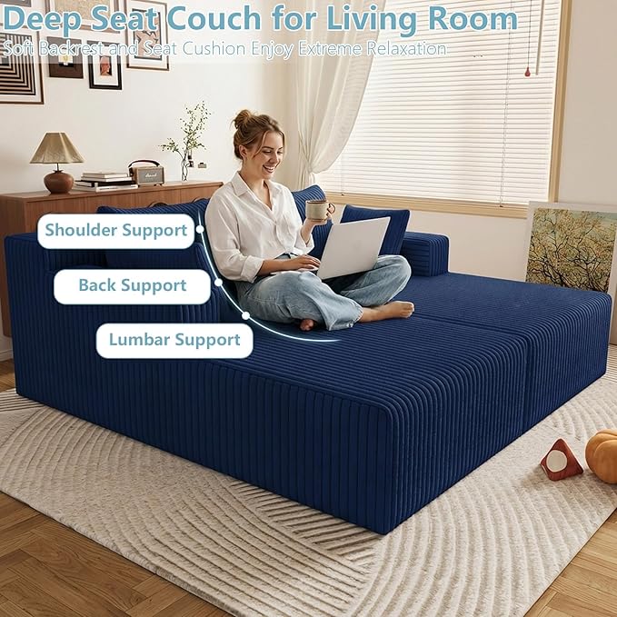 71 Oversized Chaise Lounge ChairSectional Double Lounge Chaise with Pillows Upholstered Corduroy Boneless Lounge Chair Fluffy Modern Loveseat Sleeper Sofa for Living Room or Bedroom(Blue)