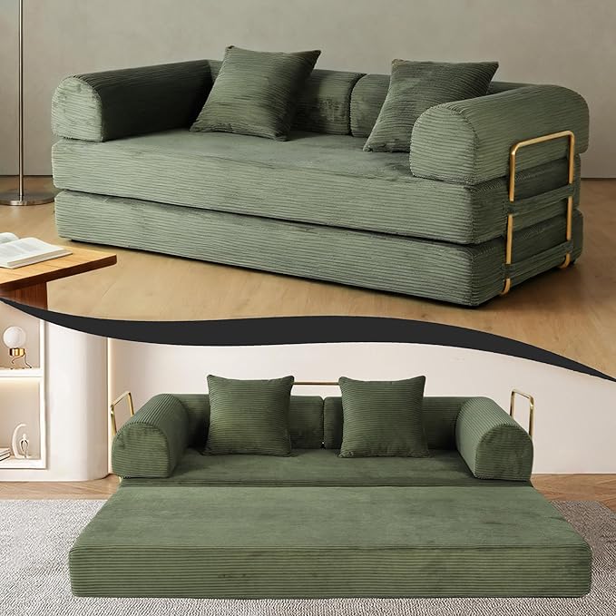 Foldable Sofa Bed 75 Inch Boneless Couch Convertible Memory Foam Sleeper Sofabed Floor Mattress with 2 Pillows Microfiber Cloud Sofa for Living Room Apartment No Assembly (Green)