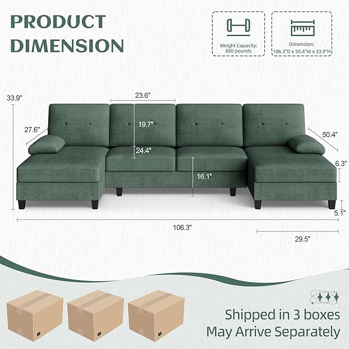 Vongrasig Sectional Couches for Living Room U-Shaped Sofa with Chaise 4-seat Large Sectional Modern Couch for Living Room Apartment (Green)