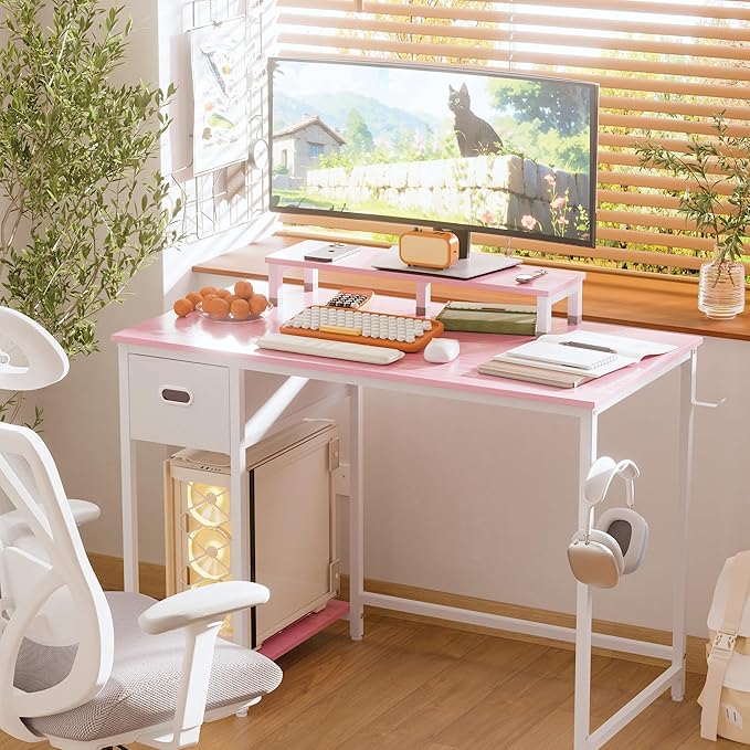 Pamray 39 Inch Computer Desk with Monitor Stand Small Home Office Desks with Non-Woven Storage Drawer for Bedroom Study Table Writing and Work Desk Pink