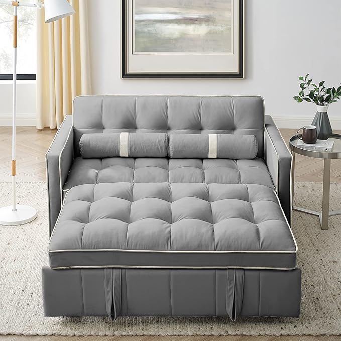 3 in 1 Sleeper Sofa Couch Bed Small Tufted Velvet Convertible Loveseat Futon Sofa w/Pullout Bed Adjustable Backrest Cylinder Pillows for Living Room Apartment Easy to Assemble Grey 55.5