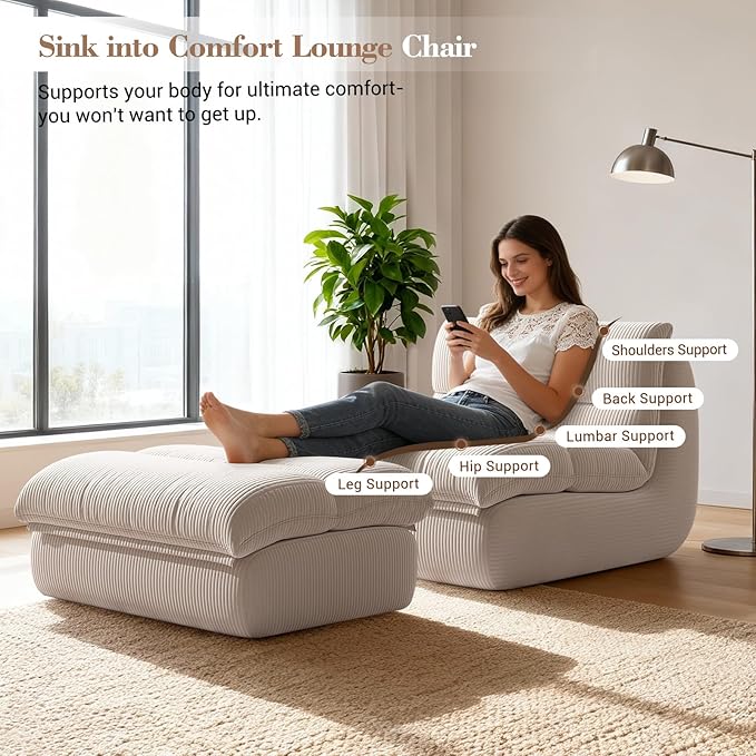 Boneless Chaise Lounge Chair Indoor Adult Bean Bag Chair with Ottoman Memory Foam Stuffed Lazy Sofa for Comfy Floor Sofa Lounge for Living Room Bedroom Office Apartment