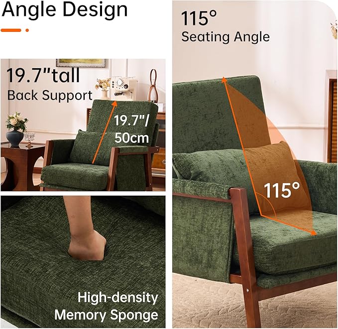 Accent Chair Mid-Century Modern Chair with Lumbar Support Pillow Upholstered Living Room Chairs with Wooden Chenille Armchair with Cushion Comfy Side Chair for Bedroom Balcony Green