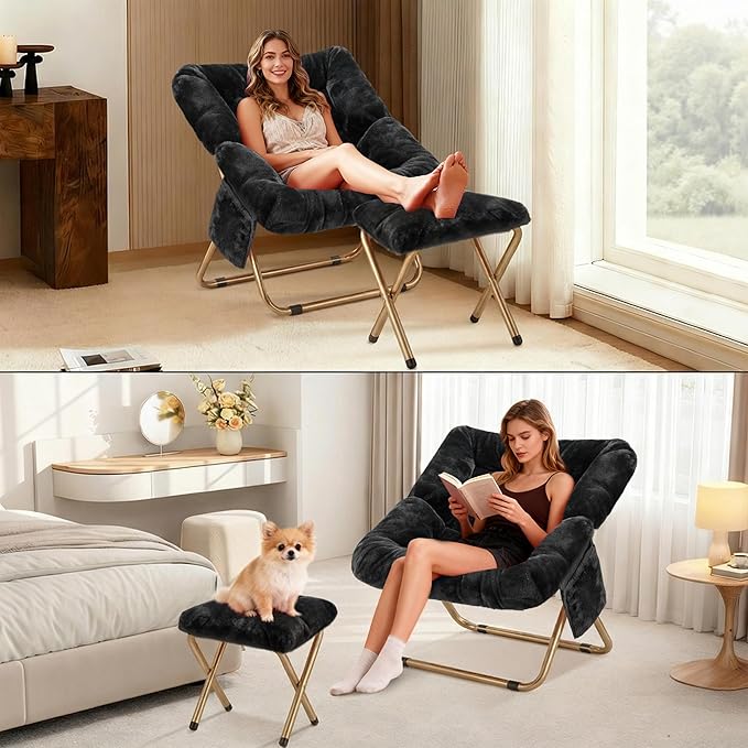 Comfy Saucer Chair for Adults Foldable Living Room Chairs Soft Faux Fur Lounge Chair for Bedroom Reading Chairs X-Large (Ottoman-Black)